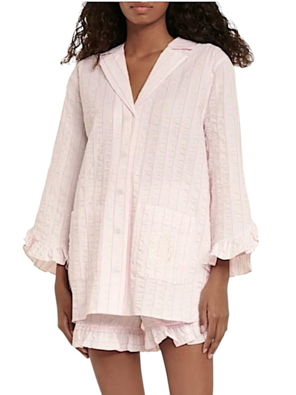 GANNI Striped Seersucker Tunic Shirt Ruffle Sleeve Pastel Pink & Ivory Loose Fit